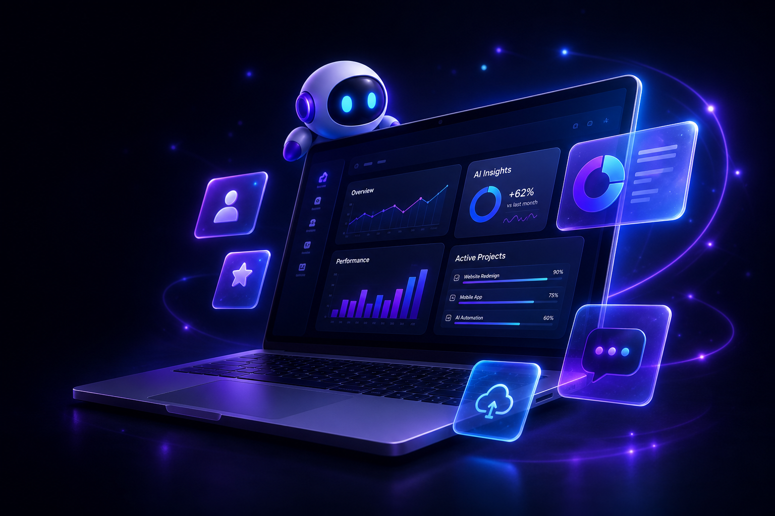 VemeloAI AI laptop and robot illustration